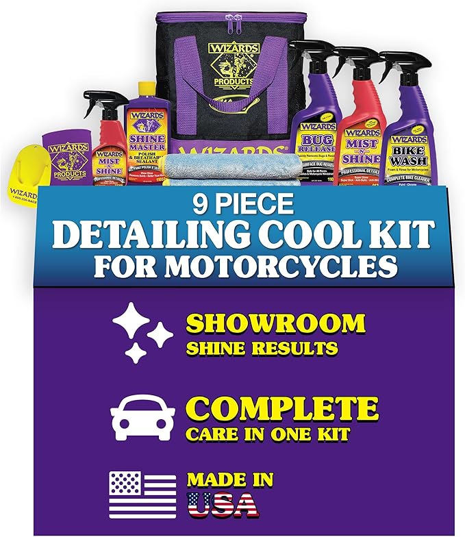 Wizards Motorcycle Cool Kit 22700 – Complete 82 oz Detailing Set with Mist-N-Shine, Bug Remover, Bike Wash, Polish, Microfiber Cloth – Professional Exterior Cleaning Supplies and Care Accessories