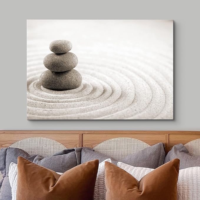 wall26 Canvas Print Wall Art Rock Stack On Gray Zen Sand Garden Floral Nature Photography Realism Bohemian Scenic Relax/Calm Cool for Living Room, Bedroom, Office - 12"x18"