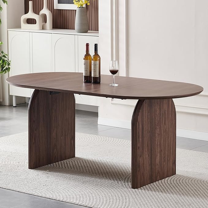 71'' Wood Dining Table,Oval Kitchen Table for 6-8,Walnut Table with Dual Pedestal Base,Farmhouse Dining Table Ideal for Kitchen,Dining Room(Easy to Assemble)