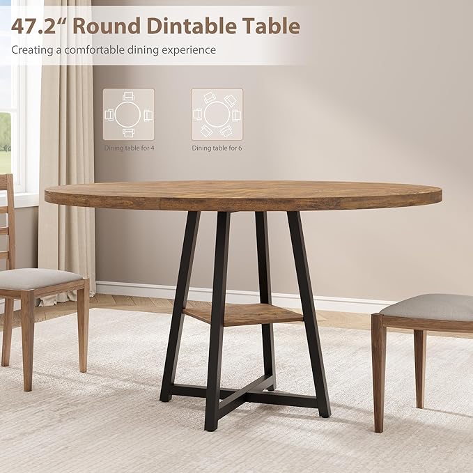 GAOMON Round Dining Table for 4-6 People, 47 Inch Brwon Dinner Room Pedestal Table with Storage Shelf, Industrial Circle Kitchen Table for Kitchen, Dining Room, Space Saving