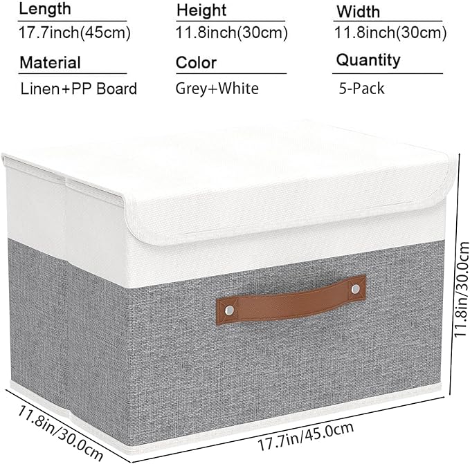 Yawinhe Storage Bins with Lids, Fabric Foldable Boxes, Washable and Leather Handle, Cube Organizer Basket for Home, Closet, White/Grey, 17.7''Lx11.8''Wx11.8''H, 5-Pack, USNK024WGX-5