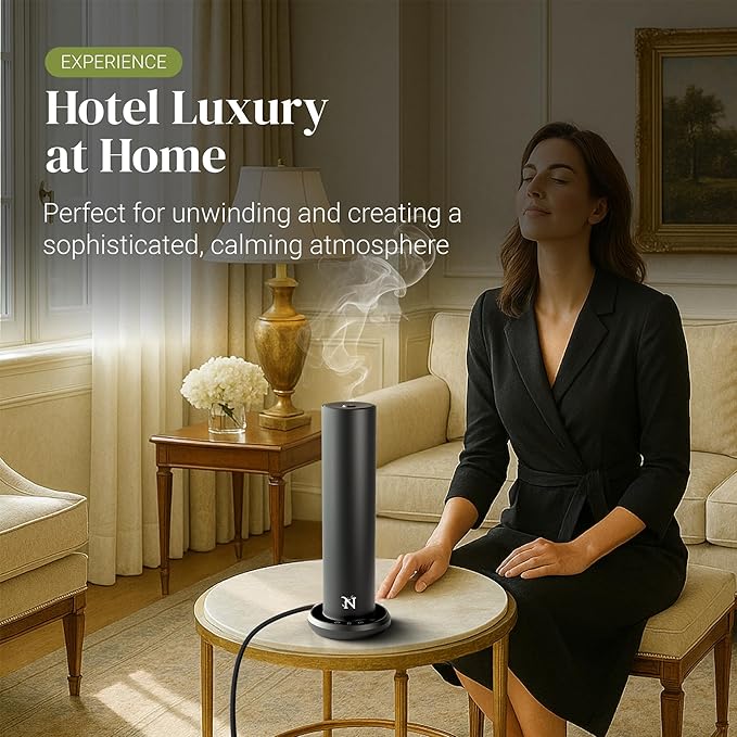 Dynamo Hotel Scent Diffuser – Cold-Air Essential Oil Diffuser for Home & Large Rooms up to 1000 sq ft, App & Manual Control, Hypoallergenic, Includes White Tea Fragrance Sample – Black