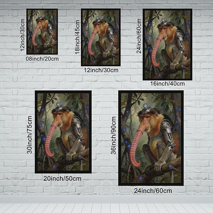 Framed Steampunk Mechanical Proboscis Monkey Wall Art - Jungle Neon Retro Poster for Apartment Leisure Area Decor 12x18in