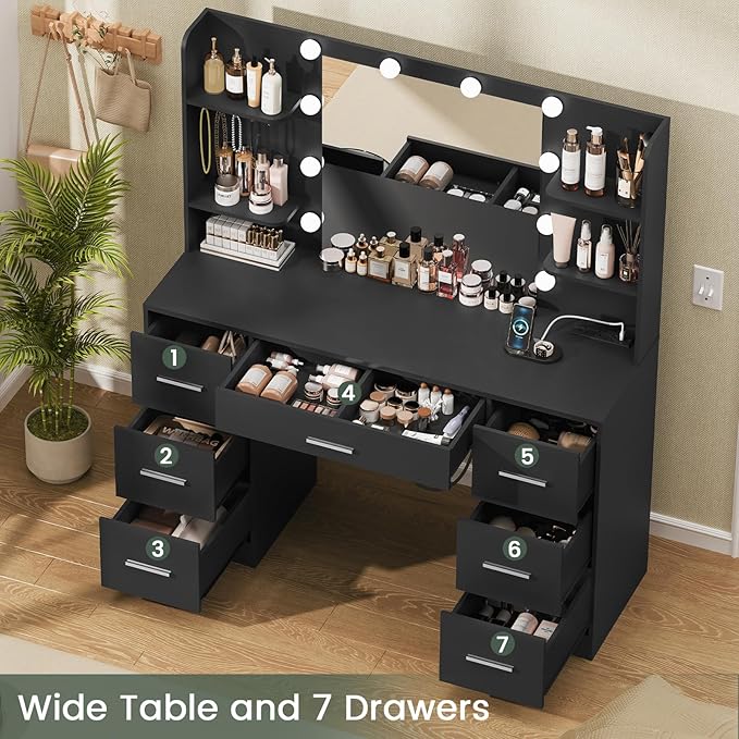 Quimoo Large Vanity Desk with LED Lighted Mirror & Power Outlet,Makeup Vanity Table with 7 Drawers,4 Shelves and 5 Hooks,Vanity Table, Vanity Desk Set for Bedroom,Bathroom，Black