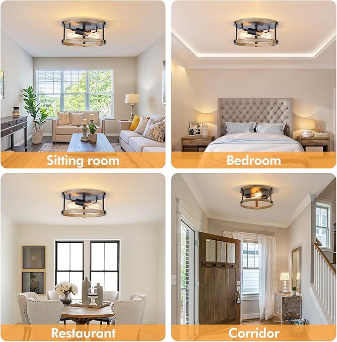 2 Pack Farmhouse Flush Mount Ceiling Light Fixture, 12.5 Inch 2-Light Rustic Ceiling Mount Light Fixtures, Round Drum Brown Wood Finish Flush Mount Lights for Kitchen Bedroom Hallway Dining Room