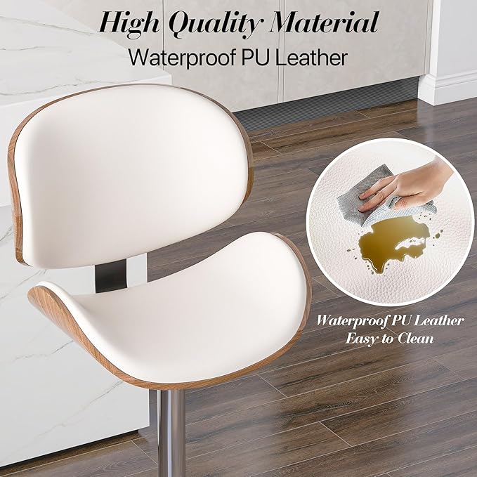 Adjustable Swivel Bar Stools Set of 4, Modern Bentwood Barstool with Large Metal Base and Footrest, PU Leather Upholstered Bar Chair with Curved Back for Kitchen Island Dining Room, White