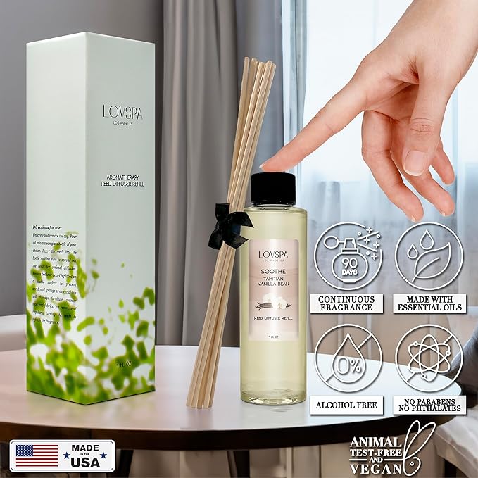 LOVSPA Soothe Tahitian Vanilla Diffuser Oil - Luxury Essential Oils for Diffuser Refill & Air Freshener Room Spray - Long-Lasting & Natural Home Fragrance, Scented Oil for Diffusers, USA Made, 4oz