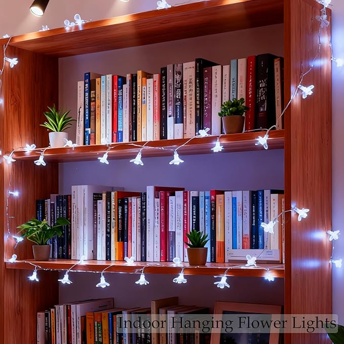 Battery & USB Powered Flower String Lights Indoor Decorations, 10ft 30 LED Decorative Cute Cherry Blossom Floral Lamp for Classroom Bedroom Ceiling Dorm Christmas Tree Hanging Decor (White)