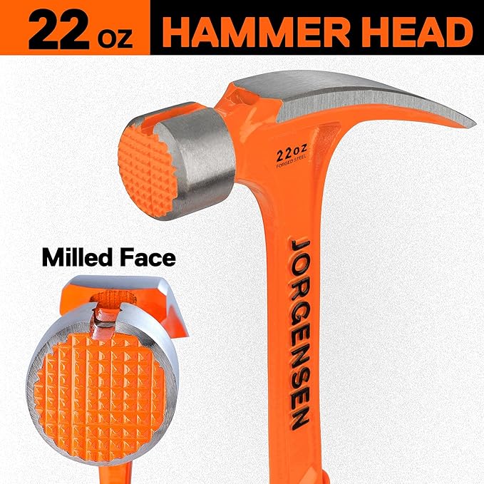 Jorgensen 22 oz Framing Hammer, Straight Claw Hammer with Magnetic Nail Holder, Rip Claw Hammer with Milled Face & Shock Absorbing Grip, Heavy Duty One-piece Forged Hammer
