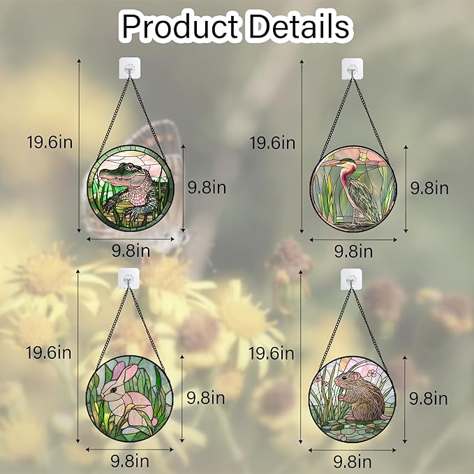Stained Glass Window Hanging 4 Pcs Set Cute Animal 9.8"- Green Plant Pink Suncatcher Door Garden Sun Catcher Decor Birthday Christmas for Mom Woman Nana Men Friend