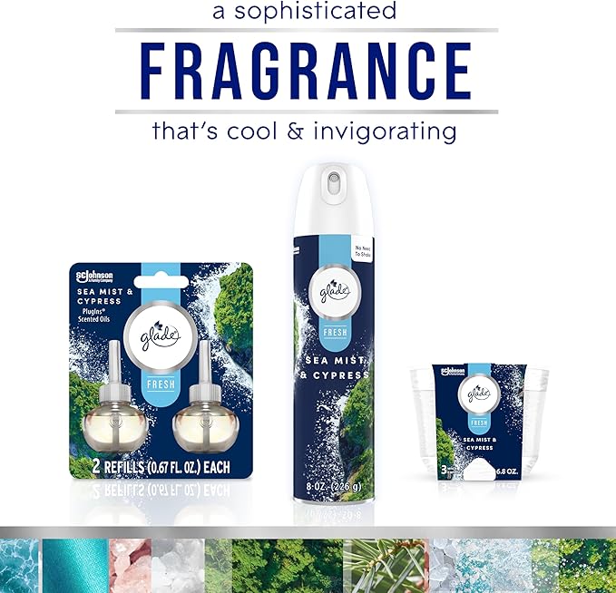 Glade PlugIns Refills Air Freshener, Sea Mist & Cypress, Scented and Essential Oils for Home and Bathroom, 0.67 Fl Oz, 10 Count