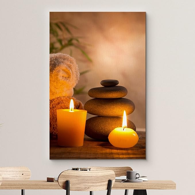 wall26 Canvas Print Wall Art Massage Stones with Atmospheric Candles Floral Nature Photography Realism Zen Scenic Relax/Calm Multicolor for Living Room, Bedroom, Bathroom, Office - 24"x36"