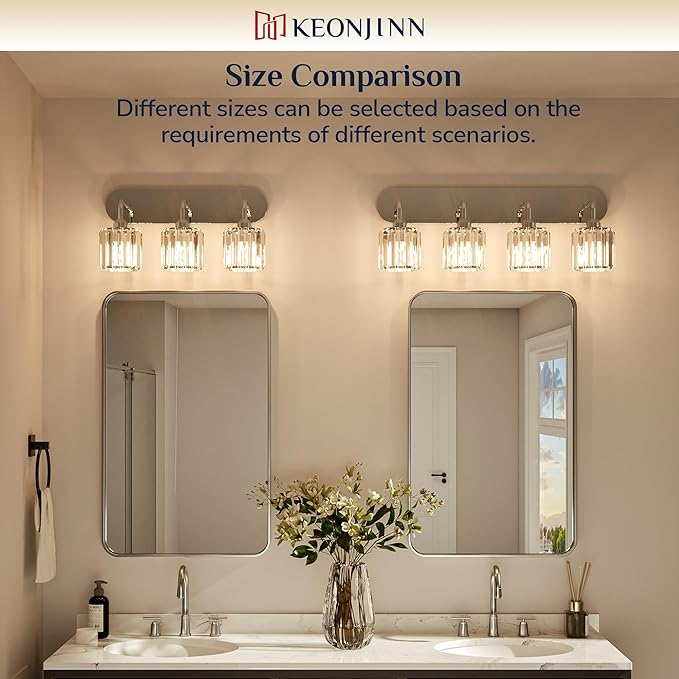 Keonjinn 5-Light Bathroom Light Fixtures, Crystal Chrome Bathroom Vanity Lights Over Mirror, Vanity Lighting Fixtures with Crystal Square Shades (E26 Socket, Exclude Bulb)