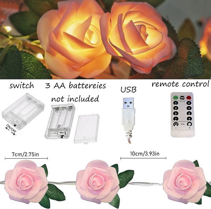 Rose Vine Lights with Remote, Battery or USB Operated Artificial Flower Garland, Hanging Fairy Lights for Bedroom Headboard, Valentine‘s Day, Wedding, Romantic Party Décor (Pink, 6.6)