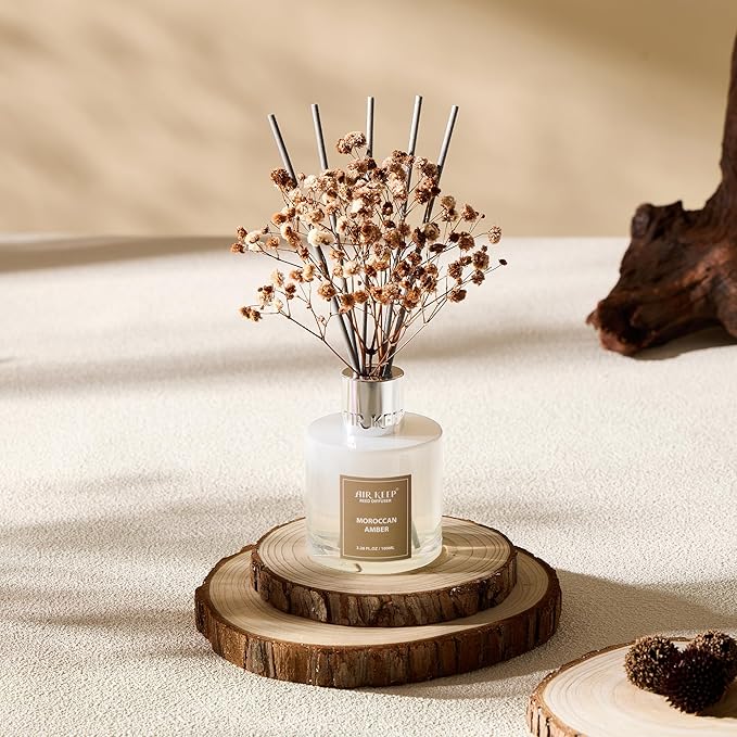 Airkeep Reed Diffuser Set,3.38 fl oz (100 ml) - Moroccan Amber Oil Diffusers with 8 Reed Sticks, Home Fragrance Reed Diffuser for Bathroom Shelf Decor