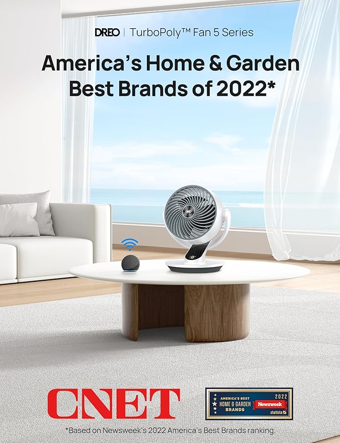 Dreo Smart Fan for Bedroom,120° Vertical and 90° Oscillating Fan with Remote/Voice, 13 Inch Height Quiet Air Circulator for Whole Room, 70 ft, 4 Speeds, 5 Modes, 12H Timer, Desk Fans for Home，White
