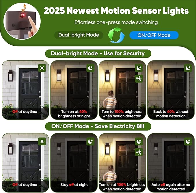 Upgraded Motion Sensor Outdoor Wall Light, Large Size Dusk to Dawn Porch Light Outdoor Wall Sconce Lantern, 3 Lighting Modes Exterior Lighting Fixture Wall Mount, Outside Light for House Garage, Brown