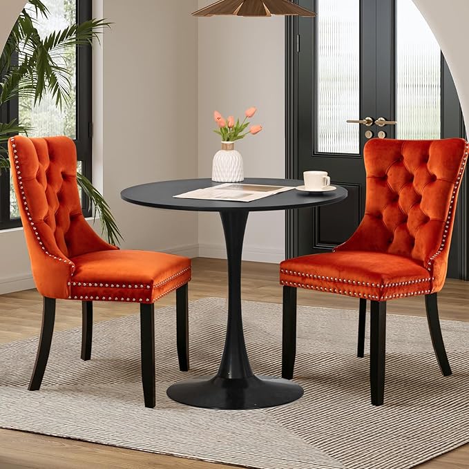 SoarFlash Kitchen Table and Chairs for 2, 31.5" Dining Table Set for 2 with Velvet Upholstered Chairs, 3 Piece Round Kitchen Table Set, Dining Room Table Set for Small Space, Apartment, Orange/Black