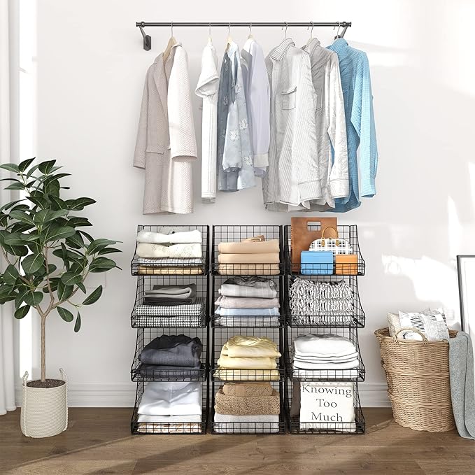 4-Pack Stackable Wire Baskets for Closet Organizers and Storage, Open Storage Bins for Clothes, Toys, and Snacks - Rustic Metal Closet Organizer and Shelves in Black