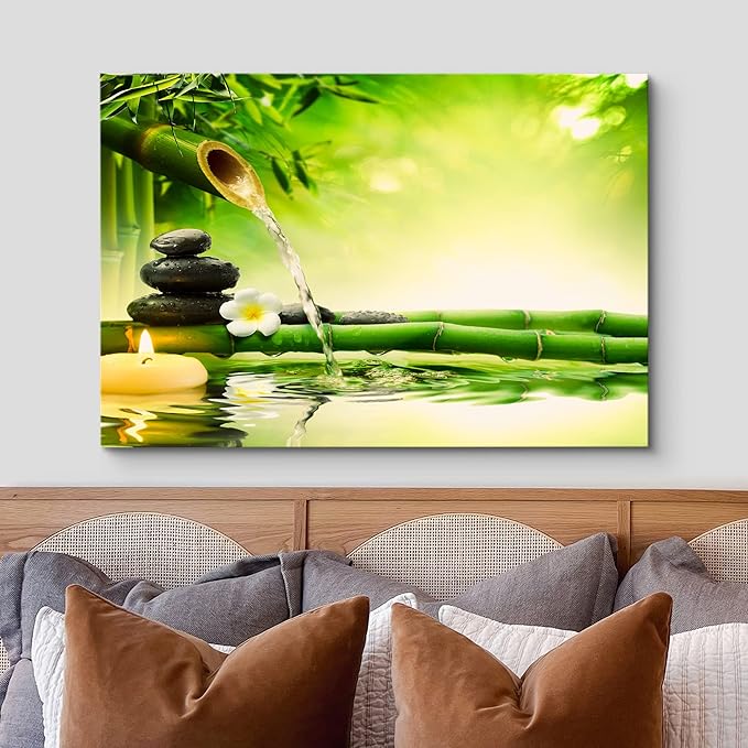 wall26 Canvas Print Wall Art Zen Green Bamboo Daisy Flower Massage Stone Spa Jungle Nature Wilderness Photography Realism Landscape Colorful Multicolor for Living Room, Bedroom, Bathroom - 16"x24"