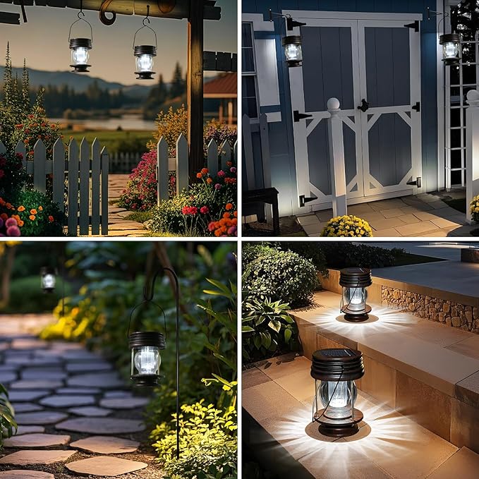 Solar Lantern - Hanging Solar Lights Outdoor - 2 Pack Solar Powered Waterproof Led Lanterns Vintage Design for Landscape Yard Garden Pathway Beach Pavilion Decoration (White Lights)