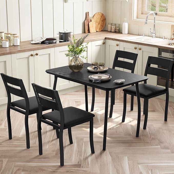 GAOMON 5 Piece Dining Table Set for 4, Space-Saving Kitchen Table with Upholstered Chairs, Modern Angled Corner Design, Compact Dinner Set for Small Spaces, Apartment, Dining Room, Black