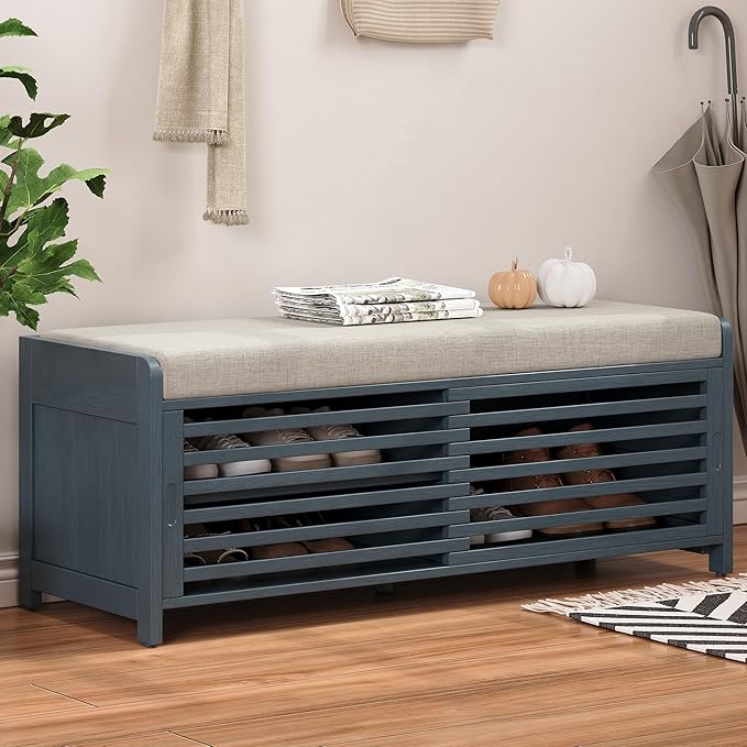 Amposei Modern Classic Storage Bench 43.3-Inch Wooden Entryway Shoe Storage Bench Cabinet with Removable Seat Cushion & Sliding Shutter-Style Doors for Living Room Entrance Hallway, Navy