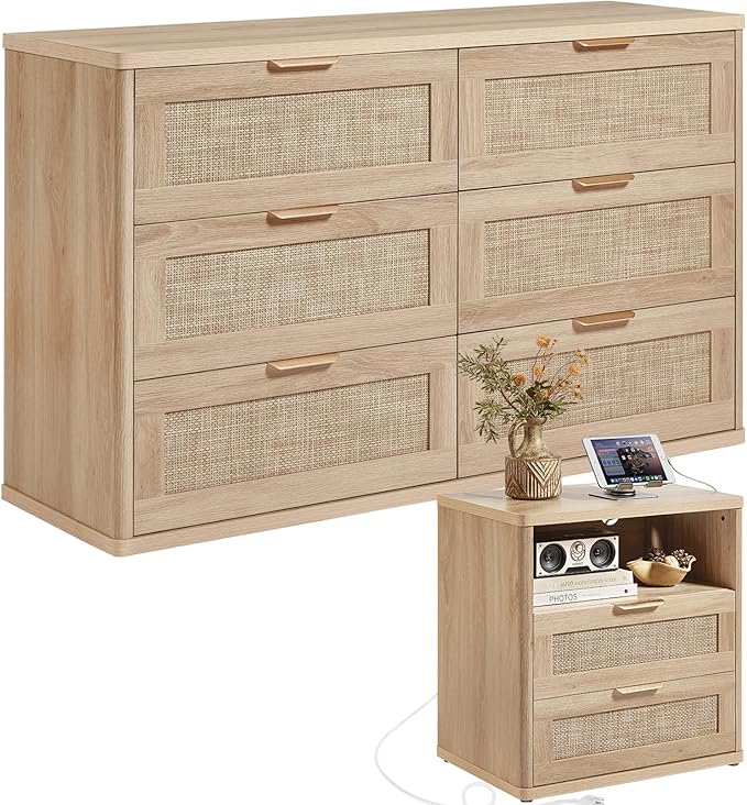 LEYAOYAO Rattan Dresser and Nightstand Set of 2, Boho Wood Dresser for Bedroom with 6 Drawers and Night Stand with Charging Station, Bedroom Furniture, Dressers & Chests of Drawers,Living Room,Hallway