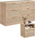 LEYAOYAO Rattan Dresser and Nightstand Set of 2, Boho Wood Dresser for Bedroom with 6 Drawers and Night Stand with Charging Station, Bedroom Furniture, Dressers & Chests of Drawers,Living Room,Hallway