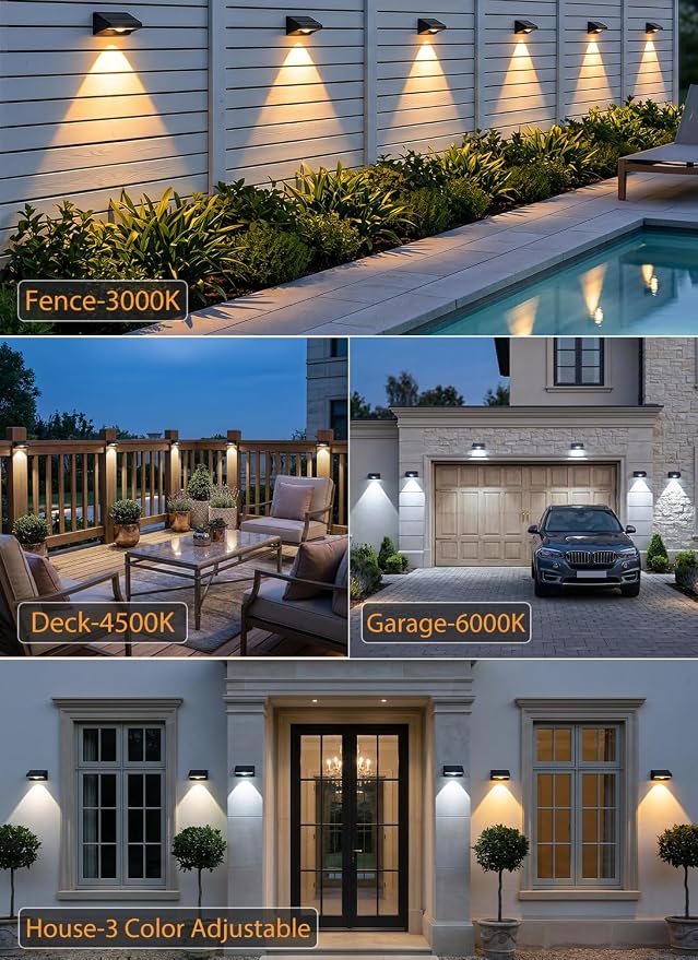 Solar Fence Lights Outdoor, 3000/4500/6000K 3 Mode 16 Pack Fence Lights Solar Powered Ultra-Bright LED Lens IP65 Waterproof Solar Patio Lights for Outside,Deck/Flood/Backyard/Yard /Step/Railings/Wall