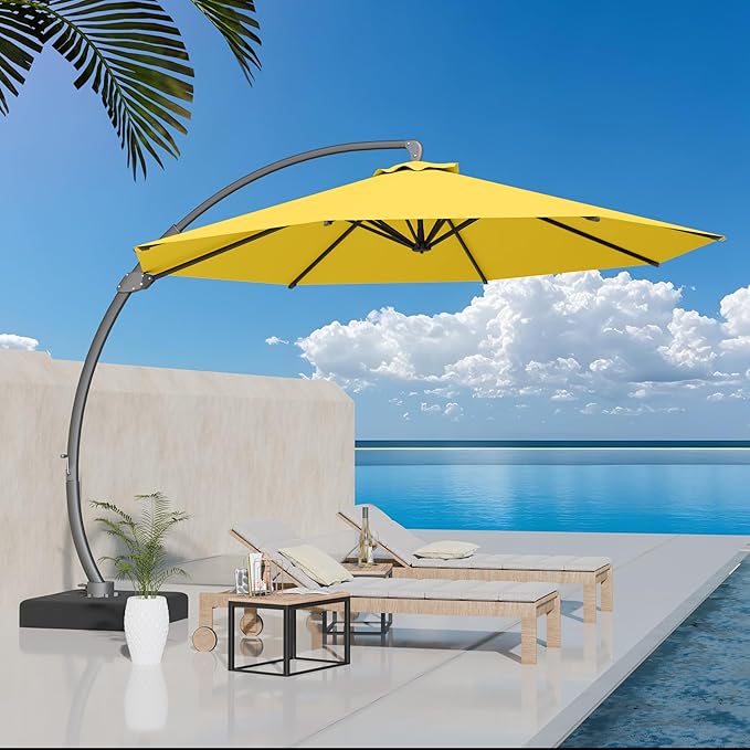 Kingdura 11ft Offset Cantilever Patio Umbrella with Base Included, Large Round Aluminum Outdoor Umbrella, 360° Rotation & Infinite Tilt, Heavy Duty Frame for Deck Pool Backyard, Yellow
