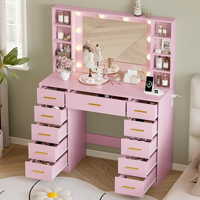 Makeup Vanity with Drawers, 43" Pink Vanity Desk with Mirror and Lights, 11 Drawers & 4 Shelves, Power Outlet & Adjustable LED Lights, Dressing Table for Women & Girls Bedroom