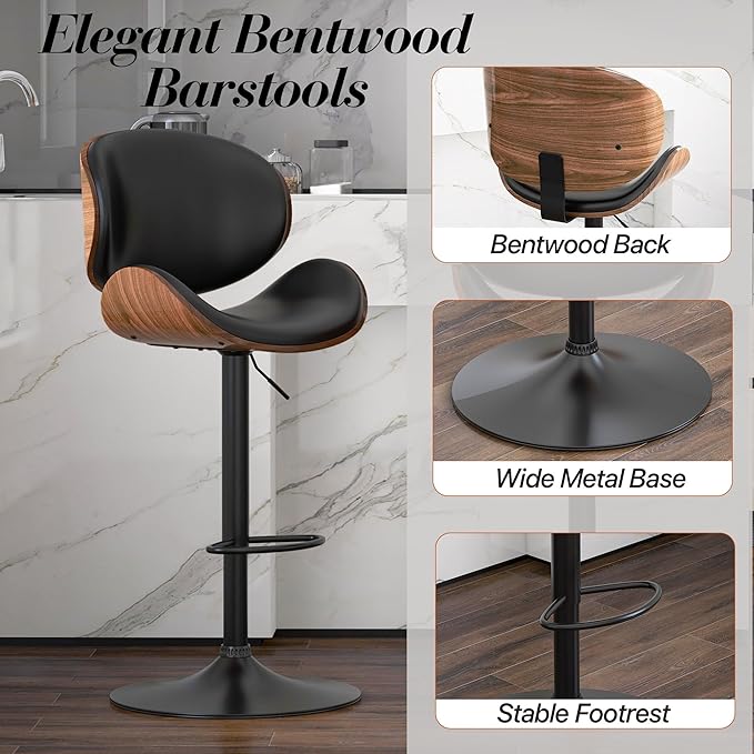 Adjustable Swivel Bar Stools Set of 3, Modern Bentwood Barstool with Large Metal Base and Footrest, PU Leather Upholstered Bar Chair with Curved Back for Kitchen Island Dining Room, Black