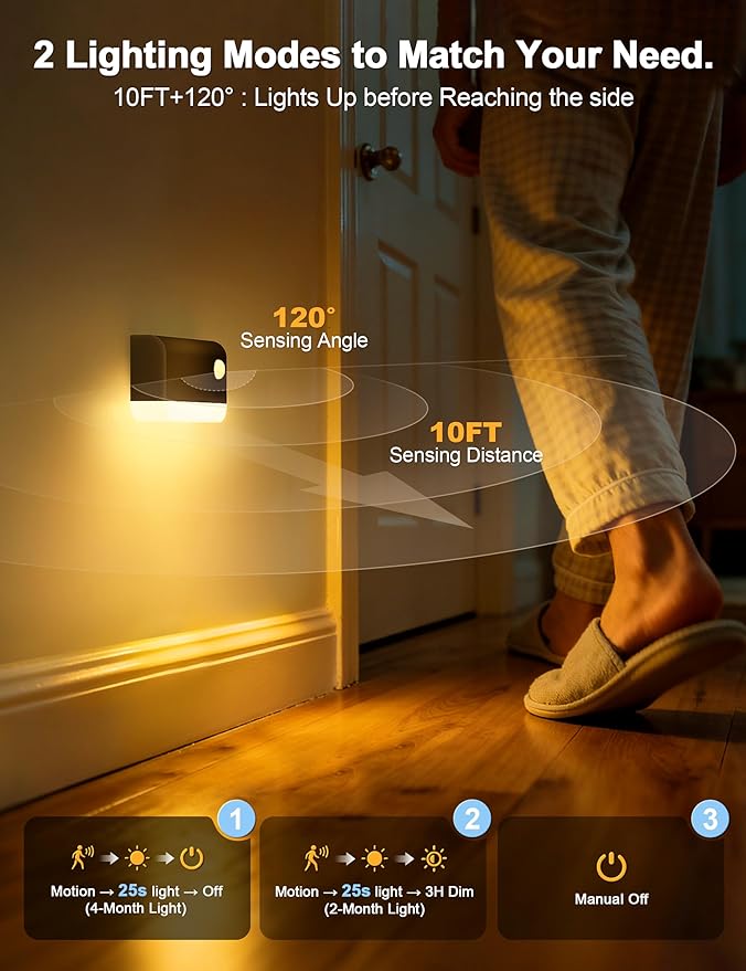 VOLISUN Motion Sensor Night Light, Rechargeable Stair Lights Indoor, Battery Operated Night Light for Hallway, Stairway, Bathroom, Bedroom, Kitchen, 3 Modes & 3 Color Temperatures(6 Pack Black)