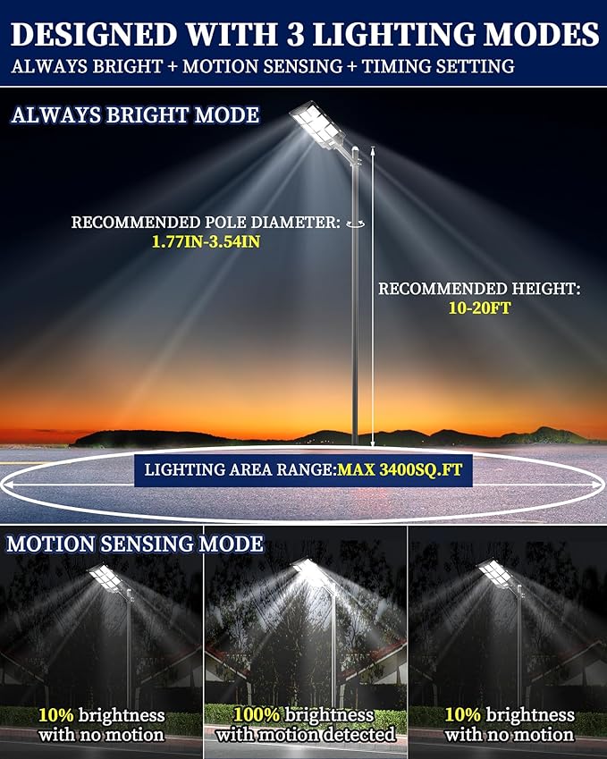 Gefolly SL-7200W Solar Street Light Outdoor, Wide Angle 450000LM 3000K/4000K/6500K Commercial Parking Lot Light Dusk to Dawn, IP67 Flood Outdoor Lamp for Basketball Court, Road, Yard