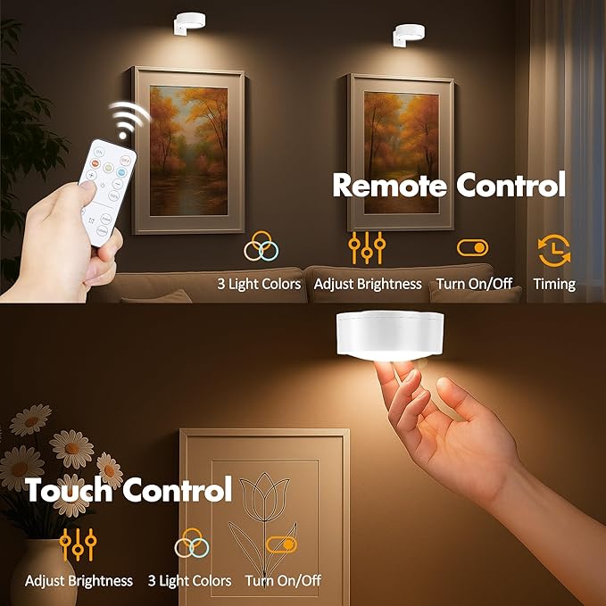3Pcs Picture Light Battery Operated, Wireless Led Painting Light with Remote Dimmable and Timer, 3 Lighting Modes Art Display Light for Picture Frame Artworking Portrait, Wall Decorative Puck Lights