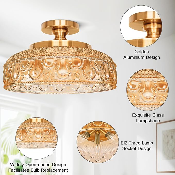 Lamomo Semi Flush Mount Ceiling Light, Upgraded Larger Hallway Light Fixture, 3-Bulb Globe Glass Close to Ceiling Scone, Amber Indoor Hanging Light for Bedroom Kitchen Porch Hallway,Bulbs Not Included