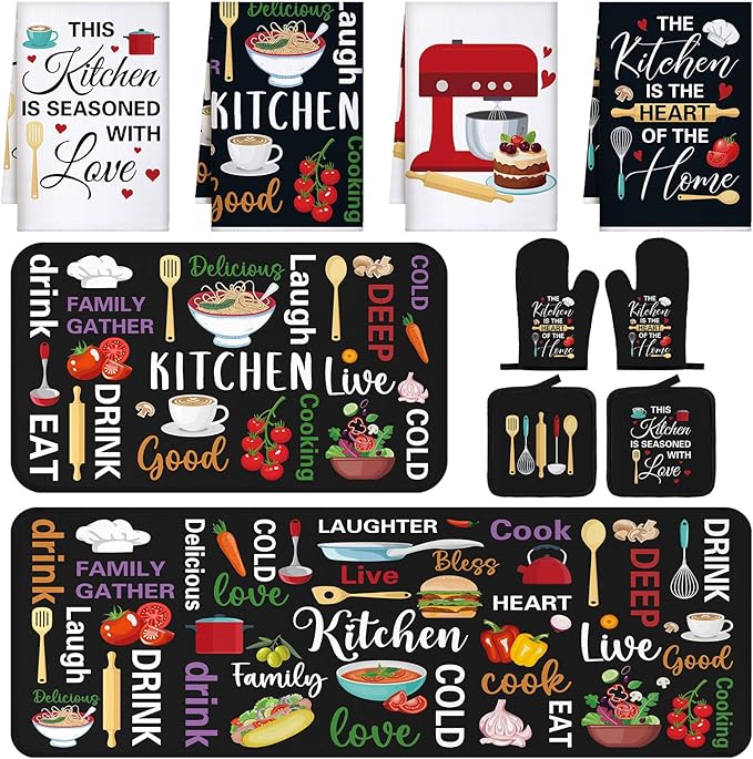 Fourluoo 10 Pcs Farmhouse Kitchen Decor and Accessories Set 4 Kitchen Towels 2 Pot Holders 2 Oven Mitts 2 Rugs for Cooking Baking Mom Housewarming Gifts(Bright Color, Novel Style)