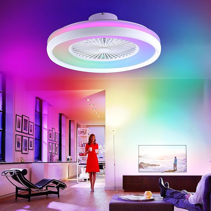 24" Bladeless Ceiling Fan with RGB Light Remote, Smart LED Ceiling Fans with Voice/App Control, Modern Low Profile Dimmable Light Ceiling Fan for Bedroom Living Room White