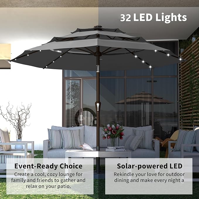 Kingdura 9ft 3-Tier Patio Umbrella with Solar Lights, Table Umbrella Outdoor Patio with Easy Crank & Tilt, 8 Sturdy Ribs, UV Protection, 32 LED Lights for Deck, Poolside, Market (Grey)