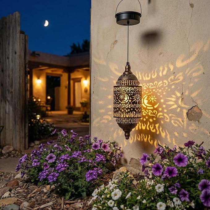 Moroccan Hanging Solar Lights Outdoor Garden Decor Sun and Moon Decorations Solar Lantern Waterproof for Patio Pathway Yard Backyard Garden Decorative (Cylinder, 1)