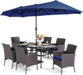 PHI VILLA 7 Piece Outdoor Dining Set with Umbrella, 60” Rectangular Metal Dining Table & 6 Cushioned Rattan Wicker Chairs & 13ft Large Blue Umbrella for Patio, Deck, Yard, Porch