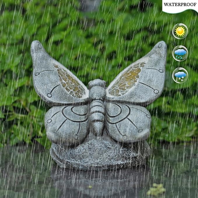Garden Statue Butterfly,Solar Butterfly Decor for Outdoor,Resin Butterflies Figurine with Solar Light for Patio,Balcony,Yard,Lawn Ornament,Perfect Garden Gift