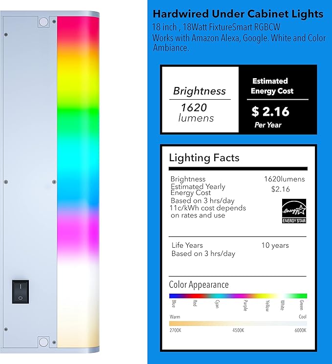 Hardwire Under Cabinet Lights Hardwired or Plug in Tasking Lighting White & RGB Color Changing Dimmable with Remote, Alexa, Google Enabled, Smart Under Counter Lighting Fixture for Kitchen (18 Inch)