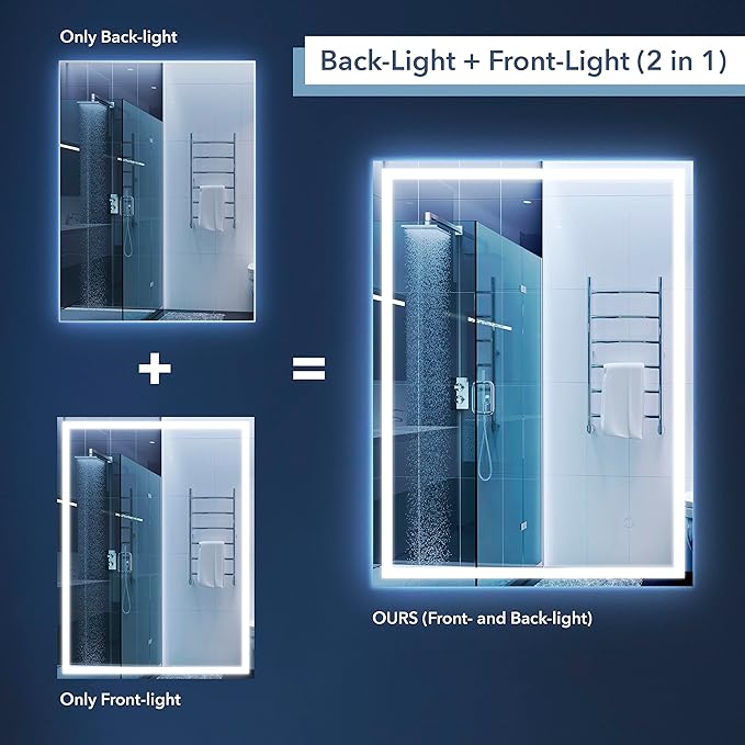 JONATHAN Y MIR100A-2836 Pax 28 in. W x 36 in. H Large Rectangular Frameless Antifog Front/Back-Lit Wall Bathroom Vanity Mirror with Smart Touch