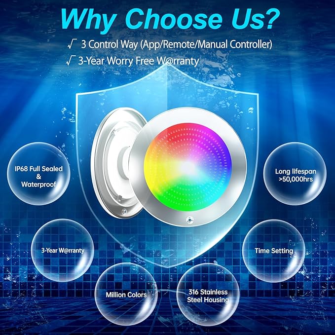 60ft Led Smart Pool Lights for Inground Pool with 3 Control Way (App/Remote/Controller), 54W 10 Inch Color Changing Underwater Swimming PoolLight for 10" Large Wet Niches