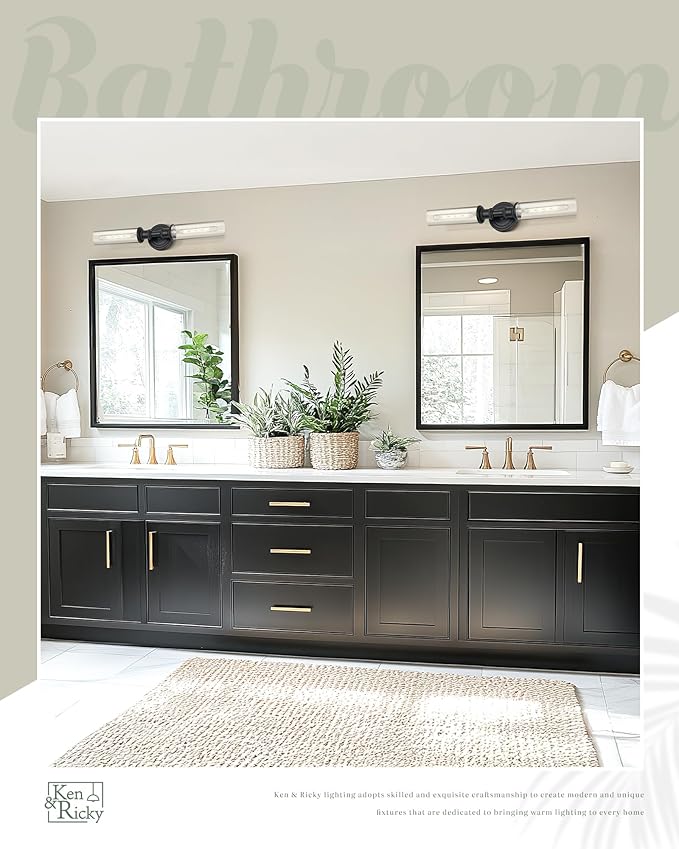 Ken & Ricky 24" Bathroom Light Fixtures, Black Wall Sconce with Clear Glass Shade, Bathroom Vanity Lights Over Mirror for Living Room Bedroom Kitchen Hallway, KR3376-W-BK-1PK