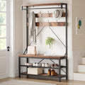 IDEALHOUSE Coat Rack Shoe Bench Industrial Hall Tree Storage Bench for Entryway Wood Look Accent Large Shoe Rack with Storage Shelf Hanging Bar,8 Hooks Grey 39.9"x15.7"x72"