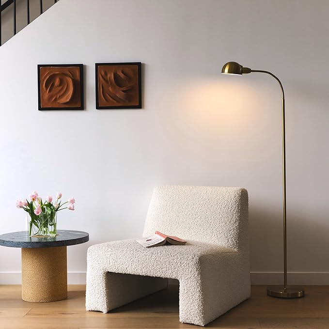 Brightech Regent LED Floor Lamp, Free Standing Corner Pole Light with Adjustable Gooseneck, Tall Bright Skinny Lamp for Office Desk, Living Room Sofa or Chair - Brass/Gold