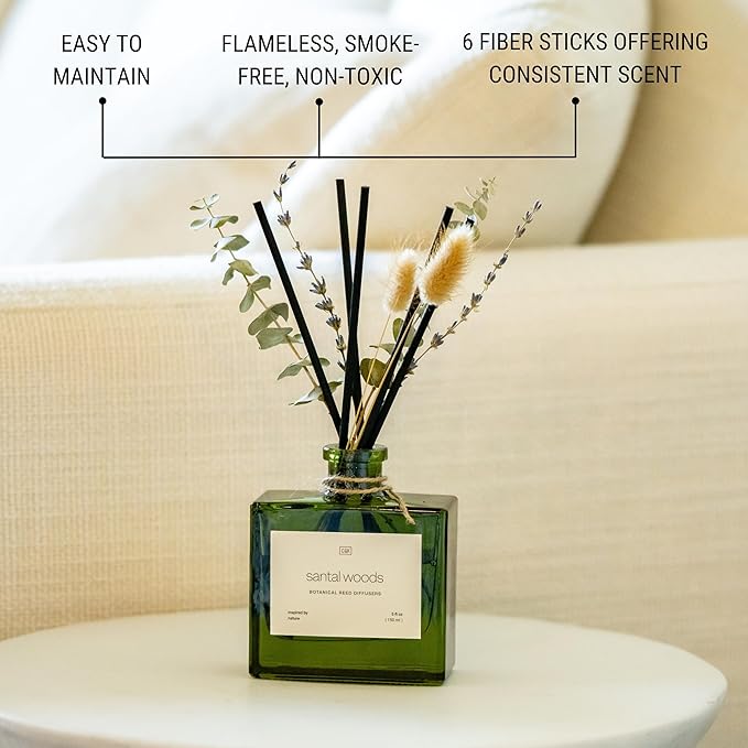 Craft & Kin Reed Diffuser with Dried Flowers | 5 oz Santal Woods Scented Reed Diffusers for Home, Bathroom | Scent Sticks | Elegant Fragrance Home Decor for Men & Women